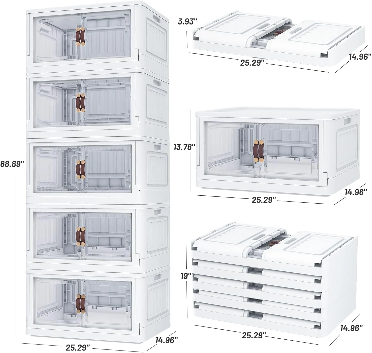 5 Storage Bins with 5 Lids, 78 Qt White Closet Organizers and Storage, 5 Packs Stackable Storage Bin with Wheels,Double Door Collapsible Storage Bins for Home and Office,Clear White