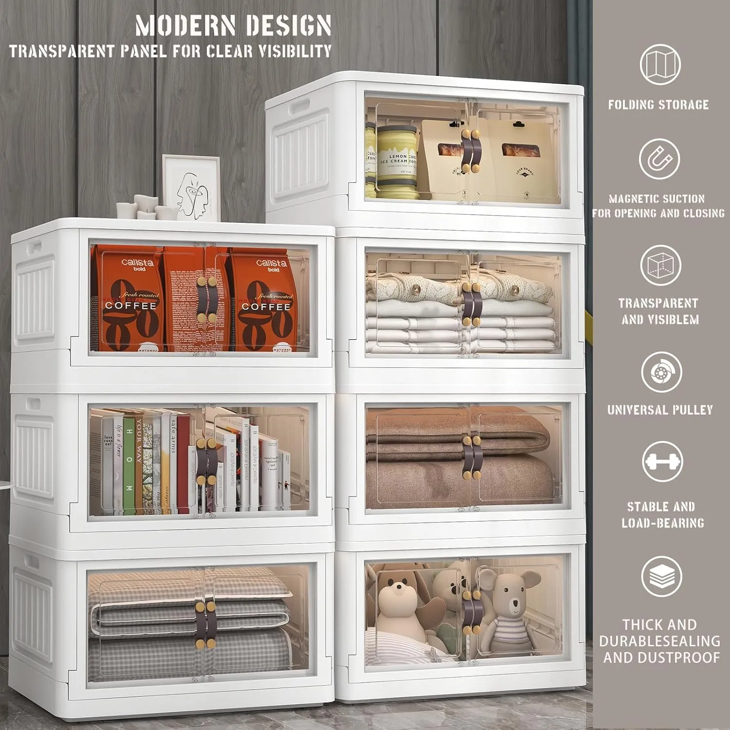5 Storage Bins with 5 Lids, 78 Qt White Closet Organizers and Storage, 5 Packs Stackable Storage Bin with Wheels,Double Door Collapsible Storage Bins for Home and Office,Clear White