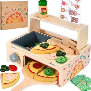50 PCS Wooden Pizza Toy, Montessori Pretend Play Toys, Wooden Pizza Counter Playset with Bake Oven, Play Food and Accessories, Cooking Pretend Play Toys for Boys Girls Age 3 