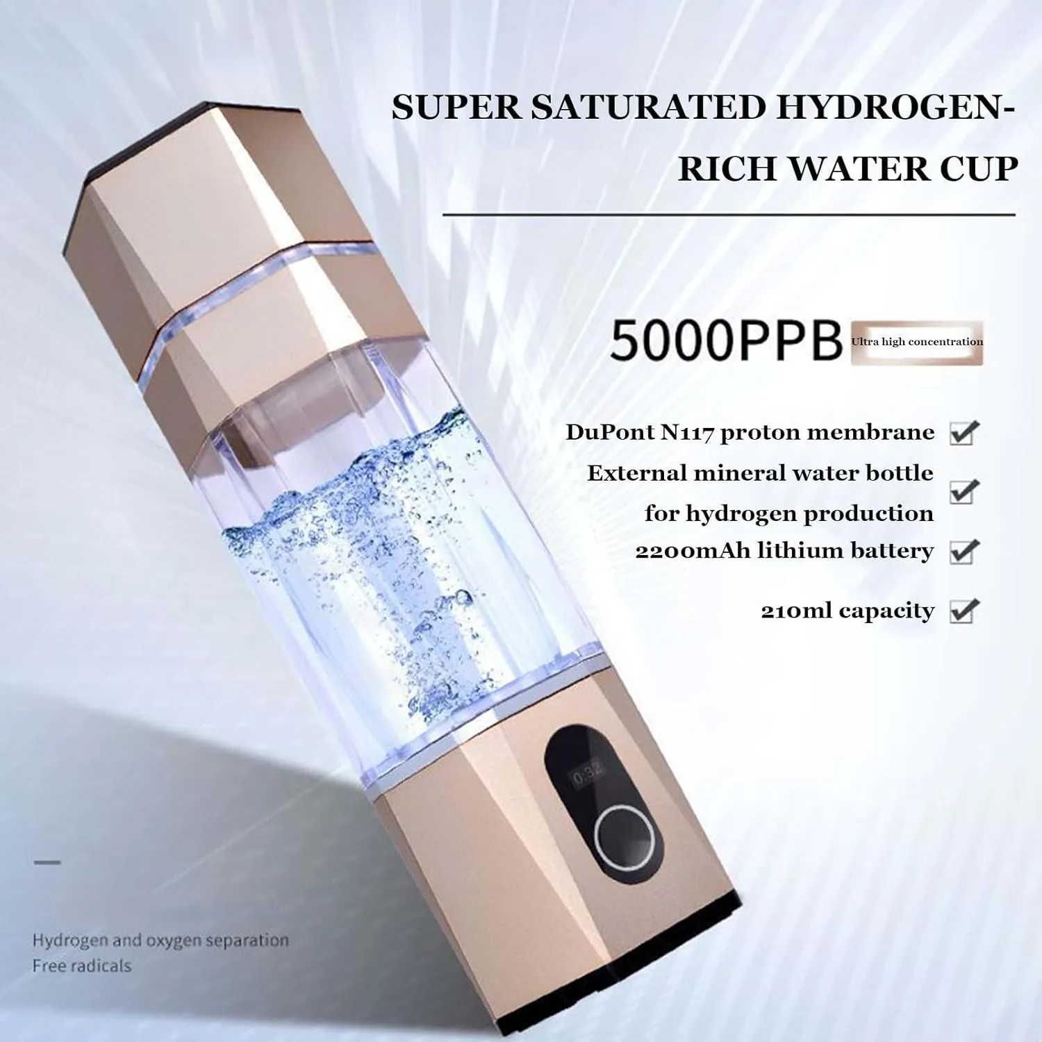 5000PPB Super Saturated Hydrogen Rich Water Cup, Alkaline Maker, Rechargeable Portable Water Ionizer Bottle, 300ML Antioxidan Hydrogen-Rich Water Cup