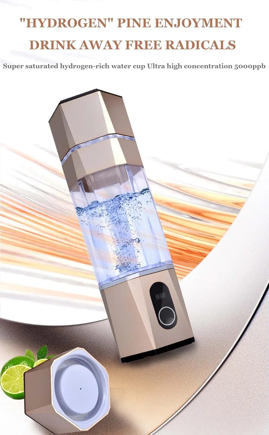 5000PPB Super Saturated Hydrogen Rich Water Cup, Alkaline Maker, Rechargeable Portable Water Ionizer Bottle, 300ML Antioxidan Hydrogen-Rich Water Cup