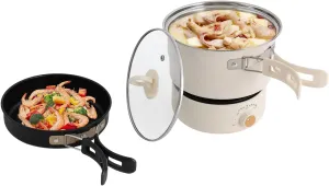 500W Portable Electric Hot Pot with Foldable Handles, Non-stick Frying Pan, Mini Hot Pot, Multi-Functional Ramen Noodle Cooker Power Adjustment, Breakfast Masker Stand for Steaks (White)