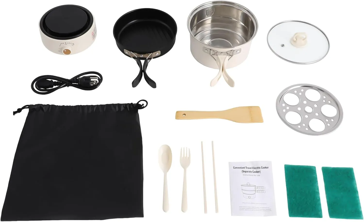 500W Portable Electric Hot Pot with Foldable Handles, Non-stick Frying Pan, Mini Hot Pot, Multi-Functional Ramen Noodle Cooker Power Adjustment, Breakfast Masker Stand for Steaks (White)