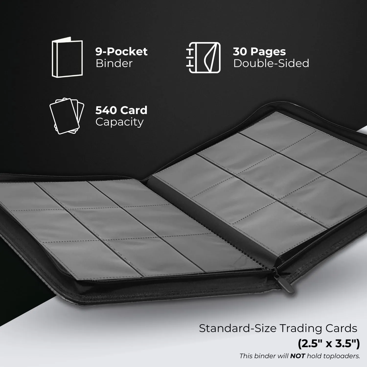 540 Pockets Trading Card Binder, 30 Double Sided Pages, 9 Pockets Per Page, Premium Sleeves Protect and Display Sports Cards, Game Cards - Onyx Black