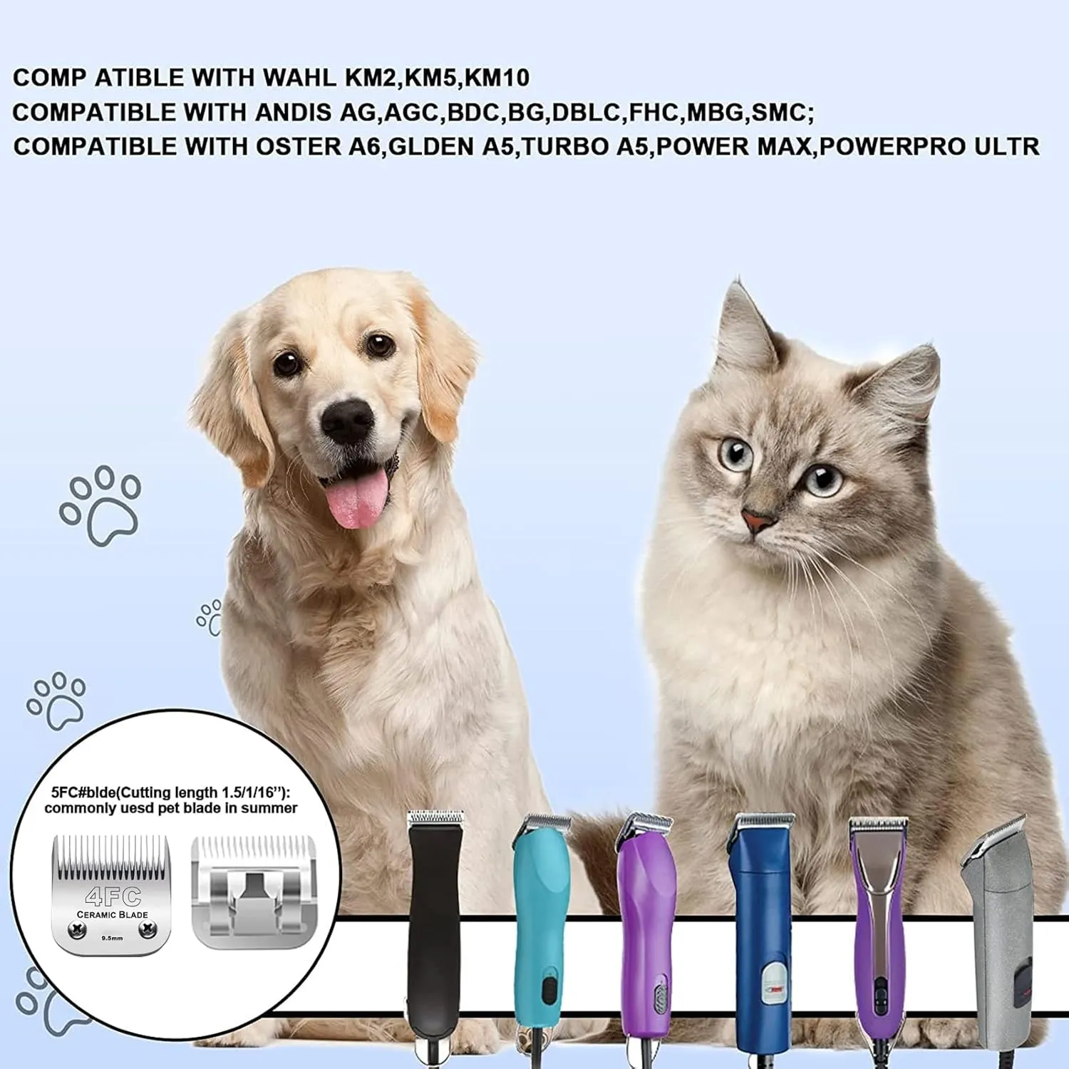 5PACK Dog Grooming Clipper Replacement Blades Compatible with Andis Pet Clipper/Oster A5/Wahl KM Series Dog Clipper with Ceramic Blade & Stainless Steel Blade (#10 5FC 7FC 3FC 4FC)