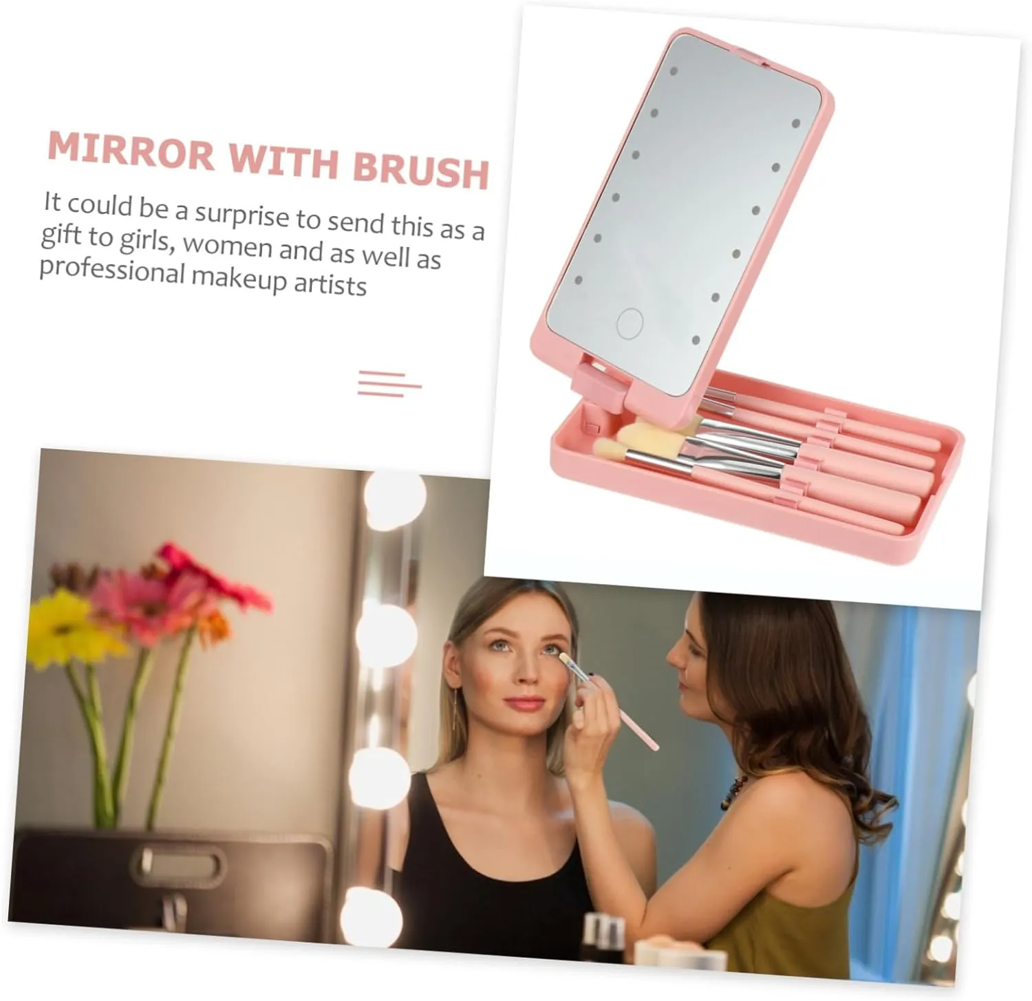 5pcs LED Travel Makeup Mirror with Brushes Compact Rotatable Design High Definition Lighted Mirror for Women for Handbag The Go Touch Ups