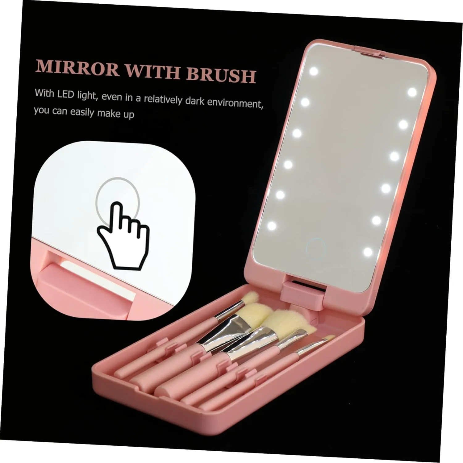 5pcs LED Travel Makeup Mirror with Brushes Portable Touch Lighted Folding Cosmetic Mirror for Eye Makeup Present for Women Compact Storage Design