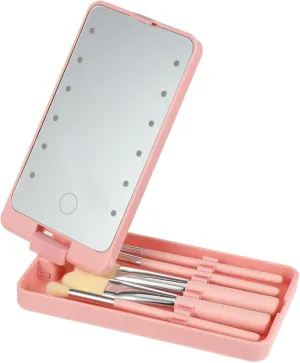 5pcs LED Travel Makeup Mirror with Brushes Portable Touch Lighted Folding Cosmetic Mirror for Eye Makeup Present for Women Compact Storage Design