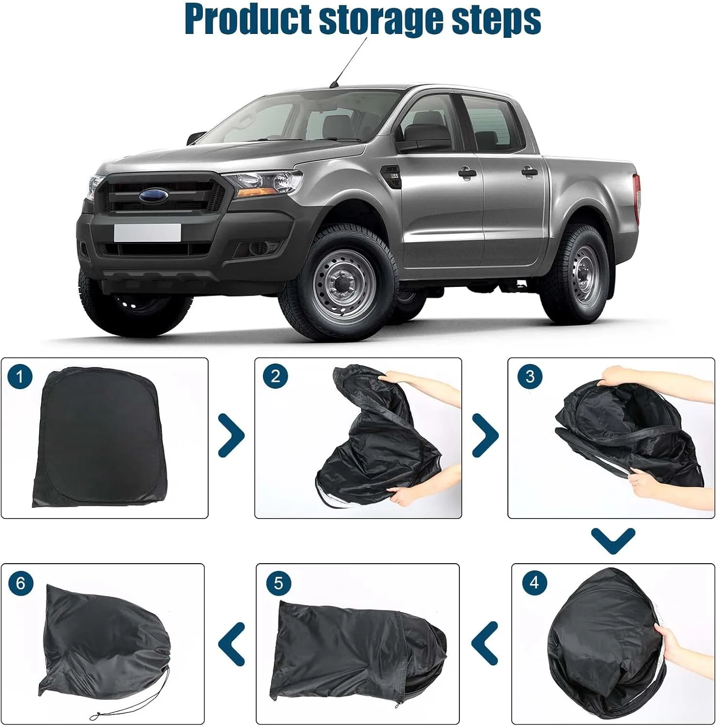 6 Layers Windshield Sun Shades Compatible with 2019-2024 Ford Ranger XL/XLT/Lariat, Foldable Car Sunshade with Storage Bag, Heat Reflective & UV Protection
