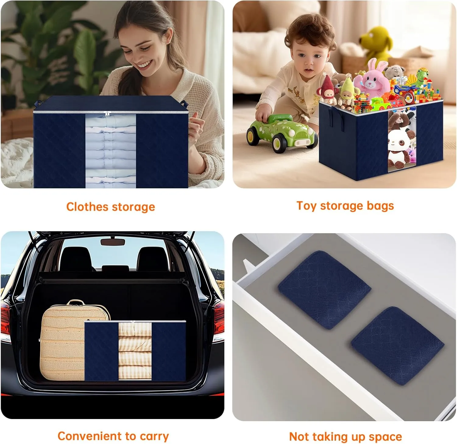 6 Pack Clothes Storage Bags - 90L Blanket Organizers and Storage for Closet Large Storage Bins with Lids and Zipper Storage Containers for King Comforter, Pillow and Sweater (Blue, 6 Pack)