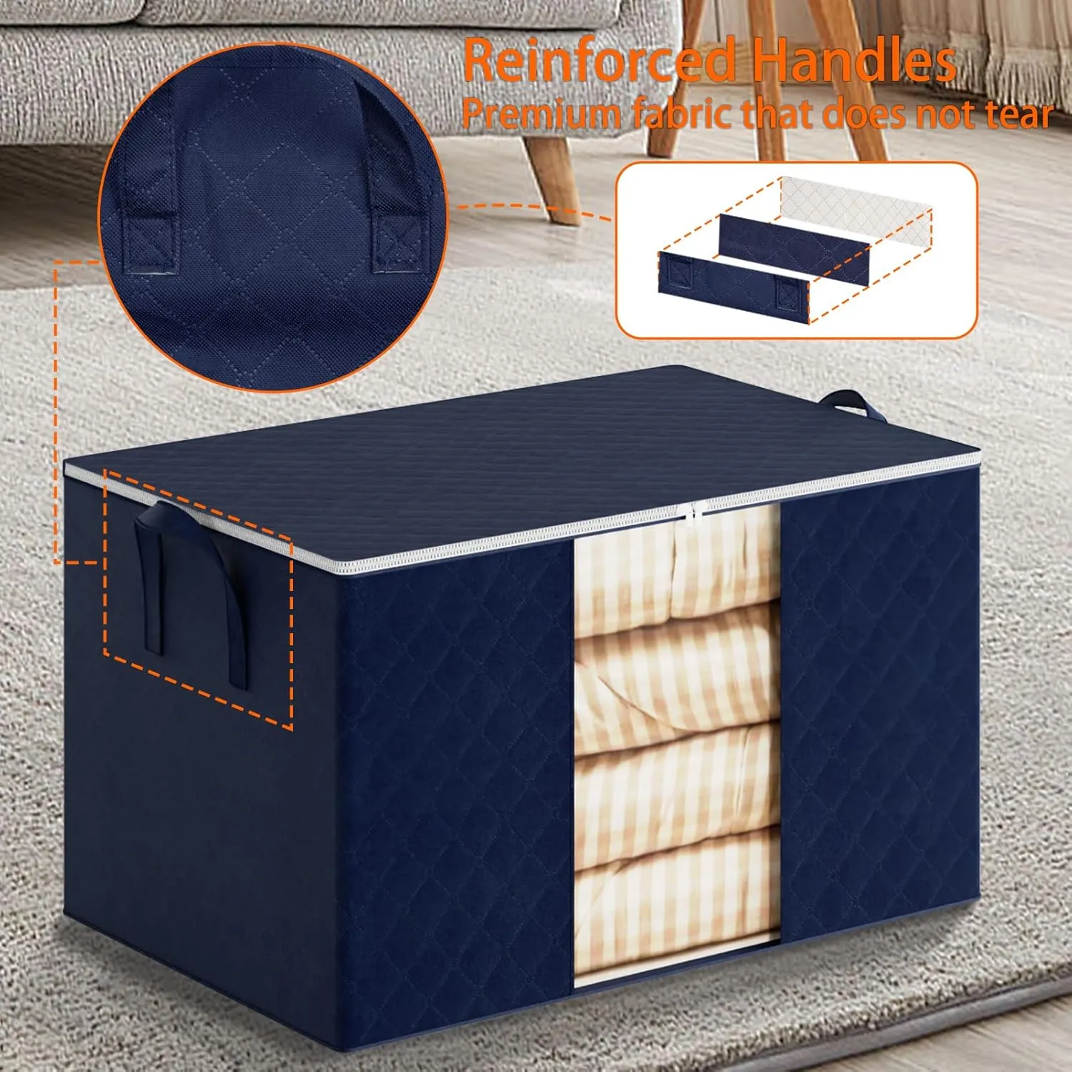 6 Pack Clothes Storage Bags - 90L Blanket Organizers and Storage for Closet Large Storage Bins with Lids and Zipper Storage Containers for King Comforter, Pillow and Sweater (Blue, 6 Pack)