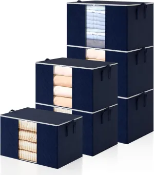 6 Pack Clothes Storage Bags - 90L Blanket Organizers and Storage for Closet Large Storage Bins with Lids and Zipper Storage Containers for King Comforter, Pillow and Sweater (Blue, 6 Pack)