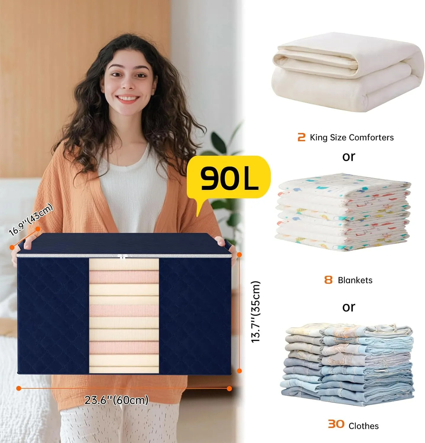 6 Pack Clothes Storage Bags - 90L Blanket Organizers and Storage for Closet Large Storage Bins with Lids and Zipper Storage Containers for King Comforter, Pillow and Sweater (Blue, 6 Pack)