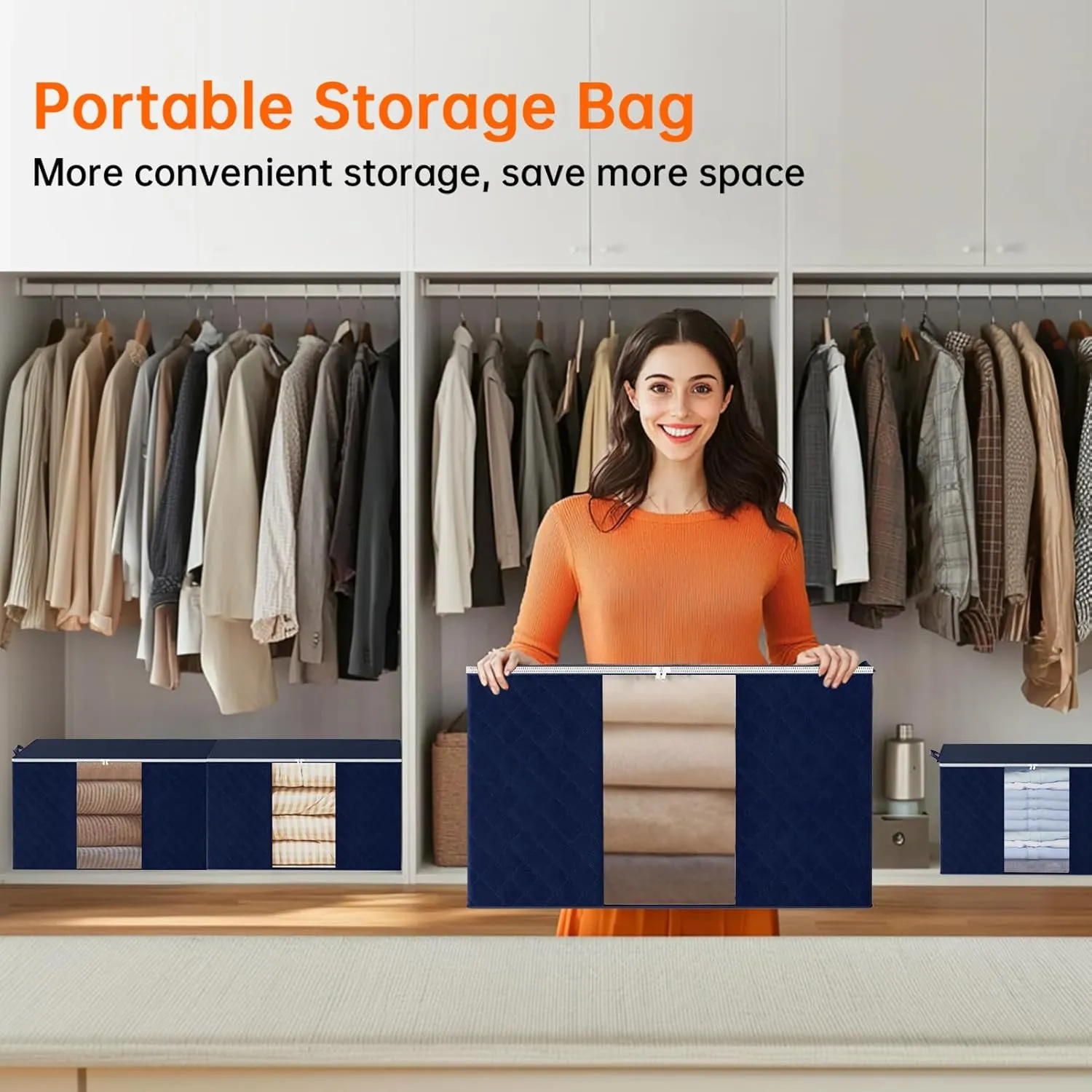 6 Pack Clothes Storage Bags - 90L Blanket Organizers and Storage for Closet Large Storage Bins with Lids and Zipper Storage Containers for King Comforter, Pillow and Sweater (Blue, 6 Pack)