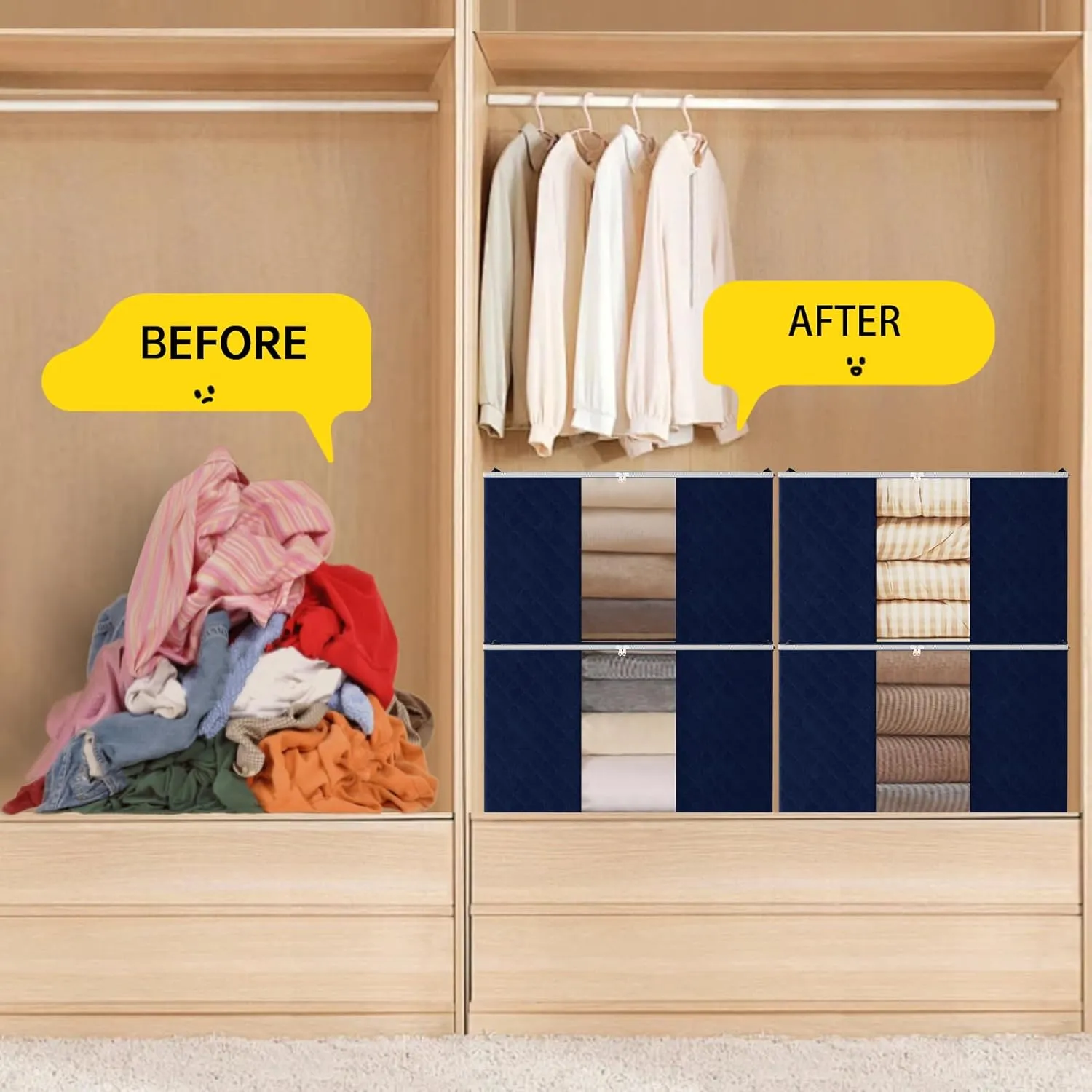 6 Pack Clothes Storage Bags - 90L Blanket Organizers and Storage for Closet Large Storage Bins with Lids and Zipper Storage Containers for King Comforter, Pillow and Sweater (Blue, 6 Pack)