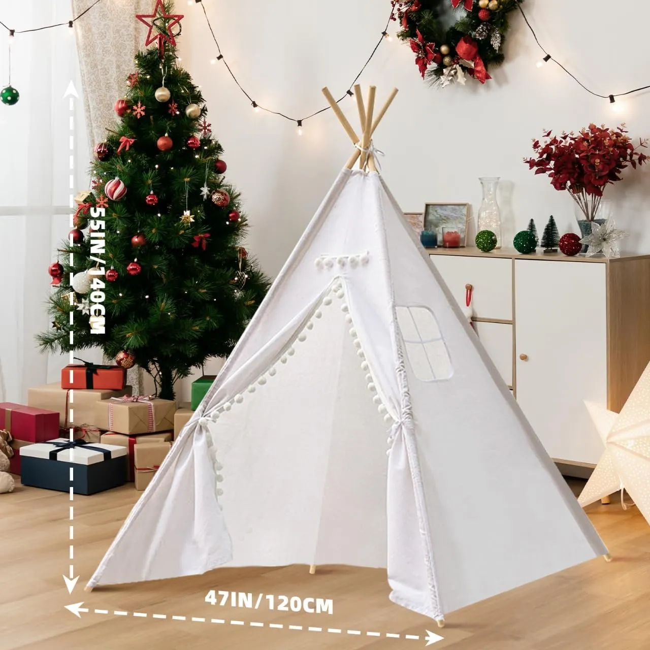 6 PCS White Kids Teepee Play Tent, Foldable Washable Tipi Tent Kids Boho Tent, Playhouse for Girls Boys Sleepovers Party Birthday Party Slumber Party for Indoor Outdoor Games