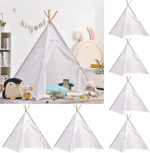 6 PCS White Kids Teepee Play Tent, Foldable Washable Tipi Tent Kids Boho Tent, Playhouse for Girls Boys Sleepovers Party Birthday Party Slumber Party for Indoor Outdoor Games
