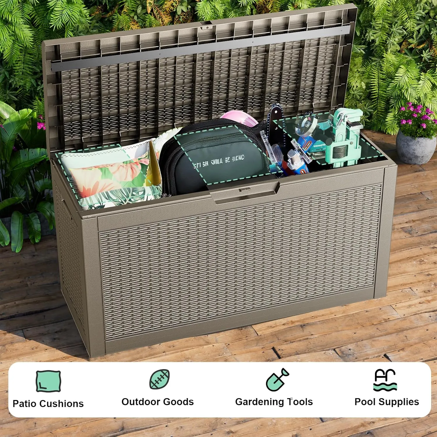 60 GallonOutdoor Storage Box,Resin Deck Boxes Waterproof, IndoorOutdoor Bin for Package Delivery, Patio Cushions, Gardening Tools, Lockable, UV Resistant