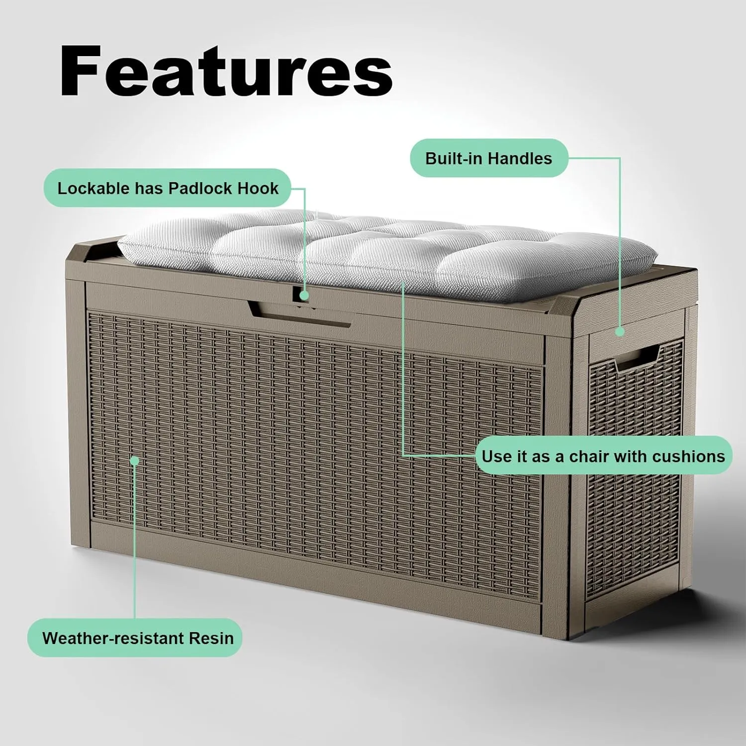 60 GallonOutdoor Storage Box,Resin Deck Boxes Waterproof, IndoorOutdoor Bin for Package Delivery, Patio Cushions, Gardening Tools, Lockable, UV Resistant