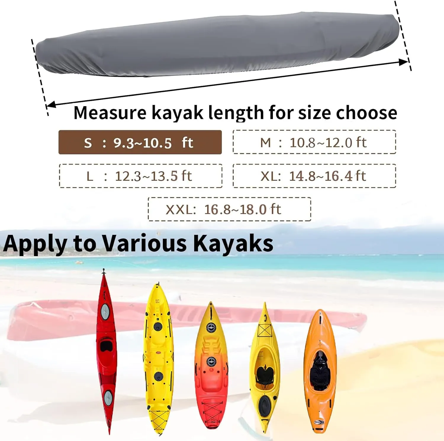600D Kayak Cover, 9.3-10.5ft Waterproof Kayak Covers for Outdoor Storage, Heavy Duty UV Resistant Canoe Storage Dust Cover, Great for Indoor & Outdoor, Gray