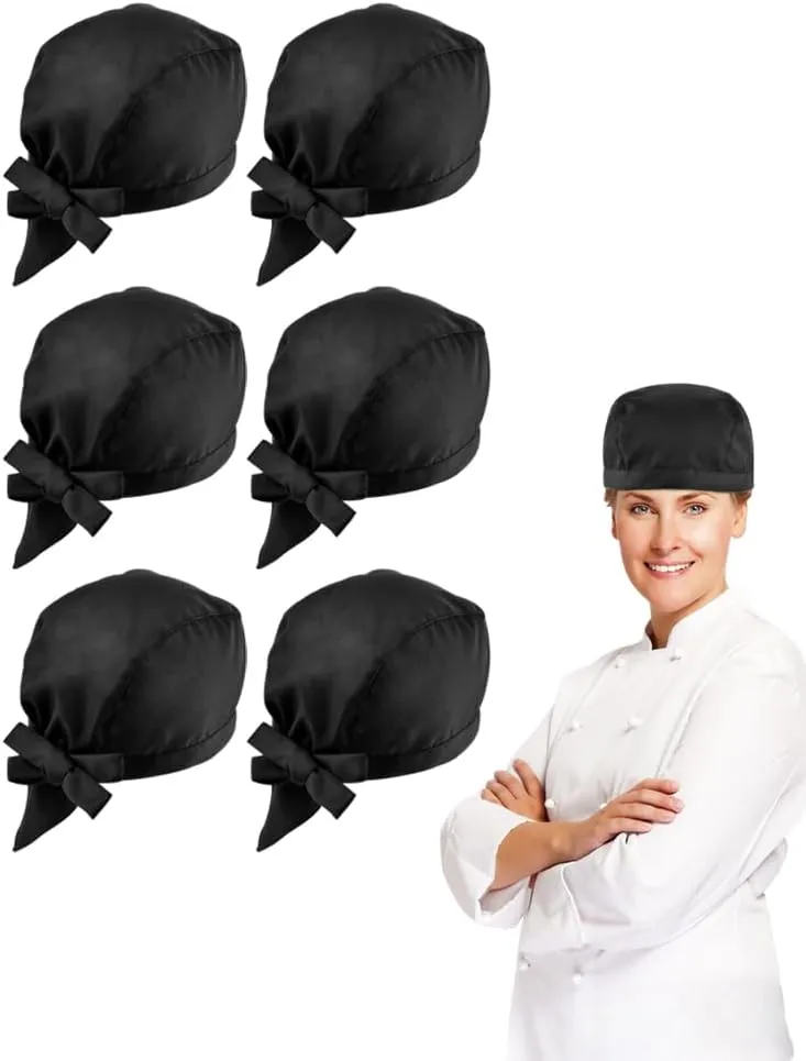 6pcs Chef Hats, Tie Back Chef Hat for Men, Adjustable Chef Cap Chefs Cap Black Breathable Cooking Hat Kitchen Cooking Hats for Men Women