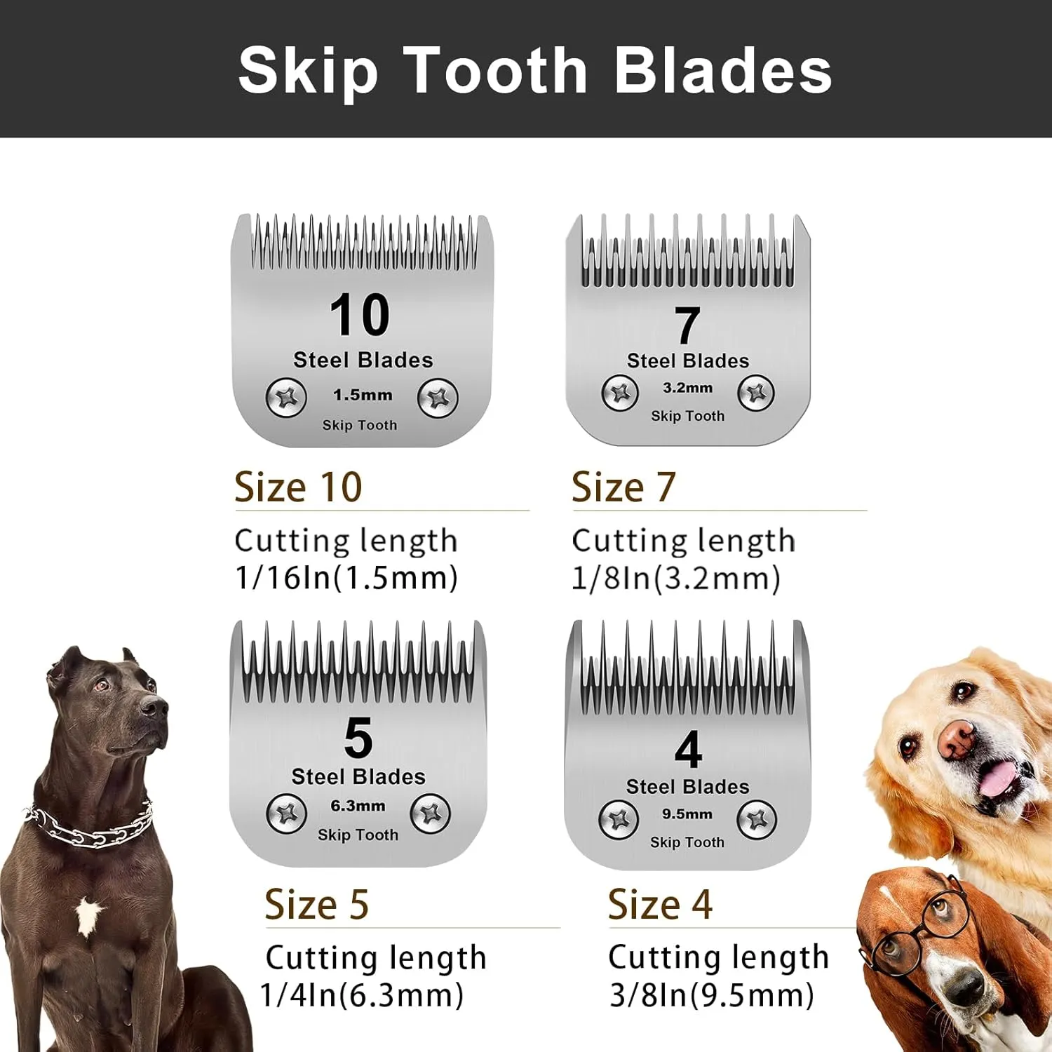 7 5 4 Skip tooth Detachable Pet Dog Grooming Steel Blades Set,Compatible with Andis,Oster A5,Wahl KM10 Series Clippers,Cut Length 1/8"(3.2mm) to 3/8”(9.5mm),3 Pack