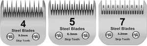 7 5 4 Skip tooth Detachable Pet Dog Grooming Steel Blades Set,Compatible with Andis,Oster A5,Wahl KM10 Series Clippers,Cut Length 1/8"(3.2mm) to 3/8”(9.5mm),3 Pack