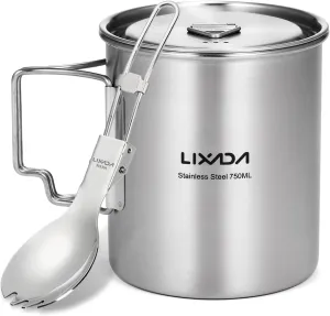 750ml Cup Outdoor Stainless Steel Water Cup Mug with Foldable Handles and Lid for Camping Hiking Backpacking, Type 2