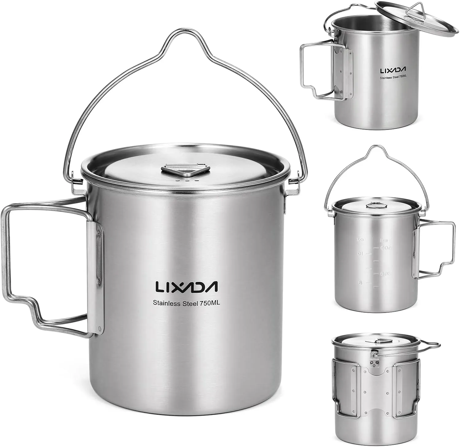 750ml Stainless Steel Pot Portable Water Mug Cup with Lid and Foldable Handle Outdoor Camping Cooking Picnic