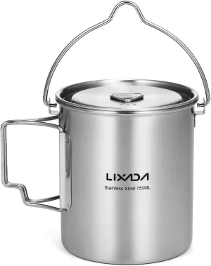 750ml Stainless Steel Pot Portable Water Mug Cup with Lid and Foldable Handle Outdoor Camping Cooking Picnic,Camping Pot, Type 1
