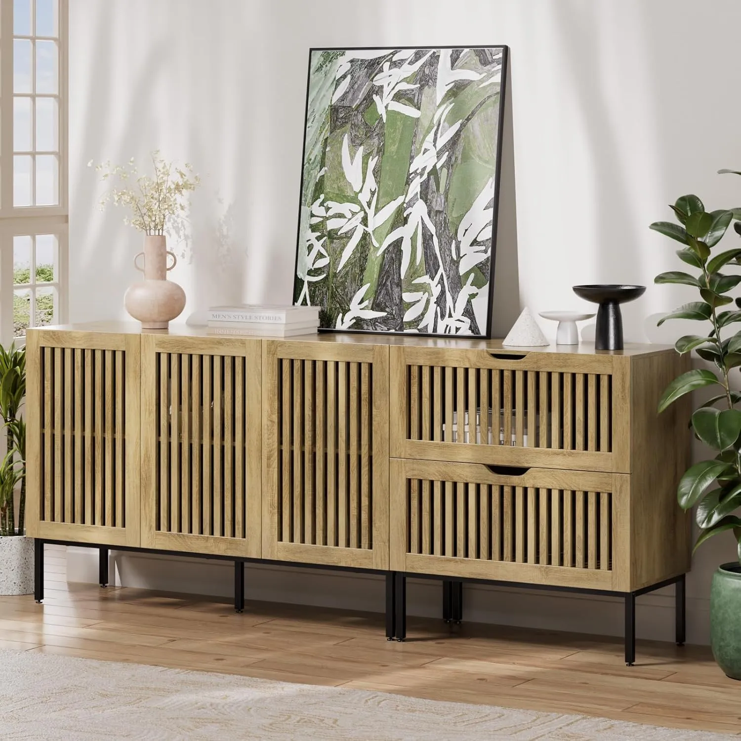 75" Farmhouse Storage Cabinet With Metal Base, Adjustable Shelves, 3 Doors - Buffet Sideboard Coffee Bar for Kitchen, Dining Room, Living Room - Oak