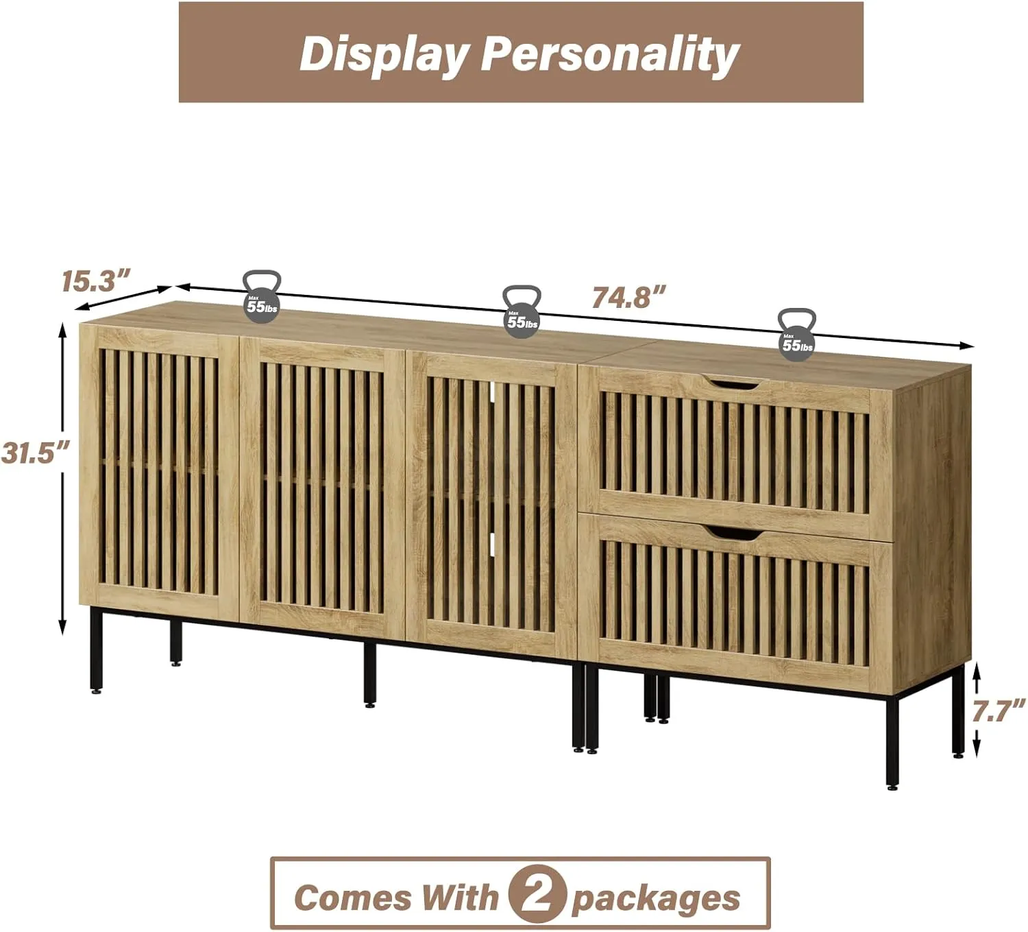 75" Farmhouse Storage Cabinet With Metal Base, Adjustable Shelves, 3 Doors - Buffet Sideboard Coffee Bar for Kitchen, Dining Room, Living Room - Oak