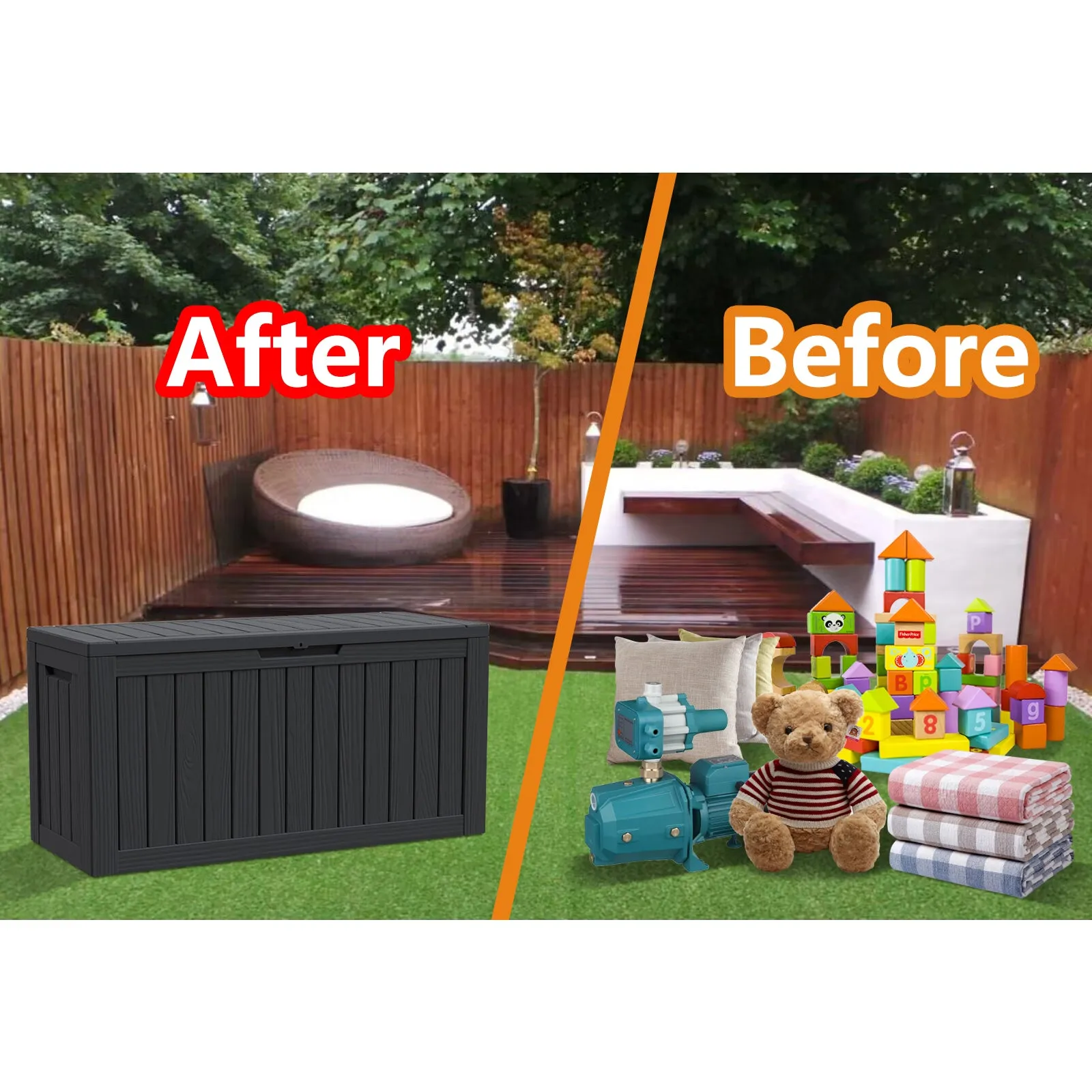 80 Gallon Waterproof Deck Box Patio Furniture Storage Box with Lockable Lid, PP Outdoor Storage Bin for Garden, Yard, Poolside