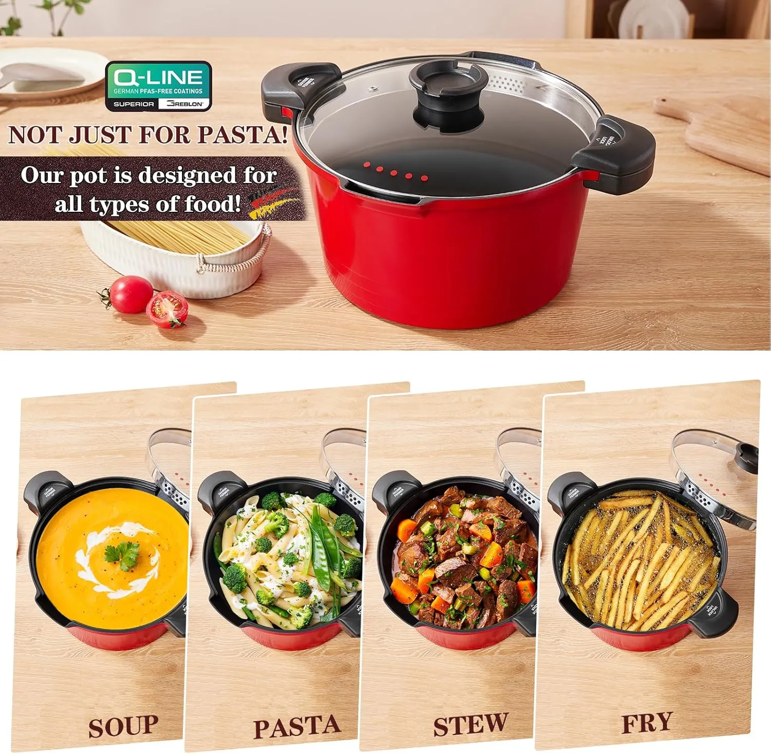 ACTIV CUISINE 8.5qt Pasta Pot with Strainer Lid, Cast Aluminum Stockpot Multipot, Nonstick Ceramic Coating make Cleanup easy with Tempered Glass Lid, Dishwasher Safe, Induction, Red