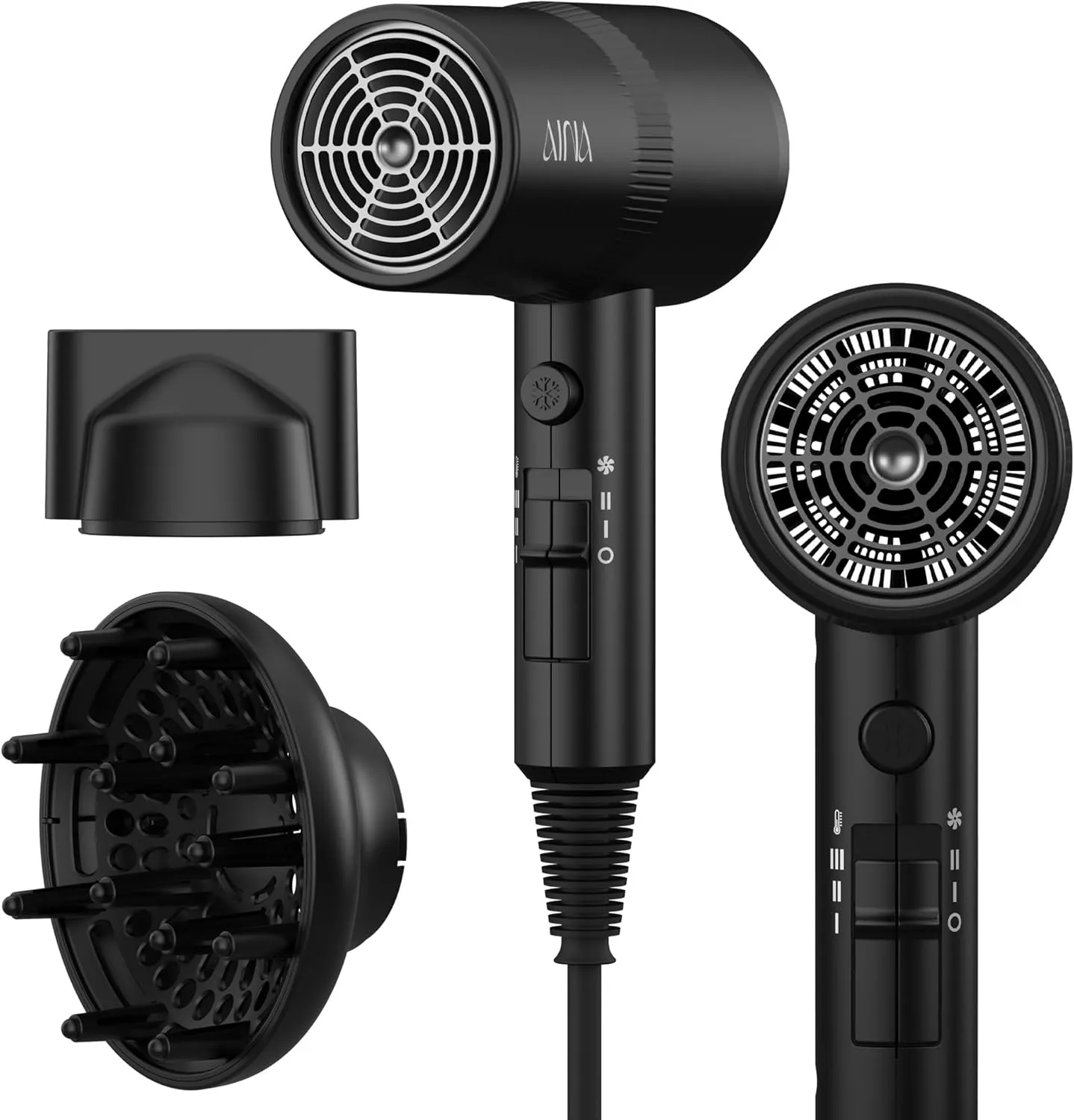 AINA Hair Dryer with Diffuser, Blow Dryer for Women | Advanced Ionic Technology, Ceramic Coating | Cold Shot Features Turbo Heat for Fast Drying and Shine 110V/ALCI(Vader Black)