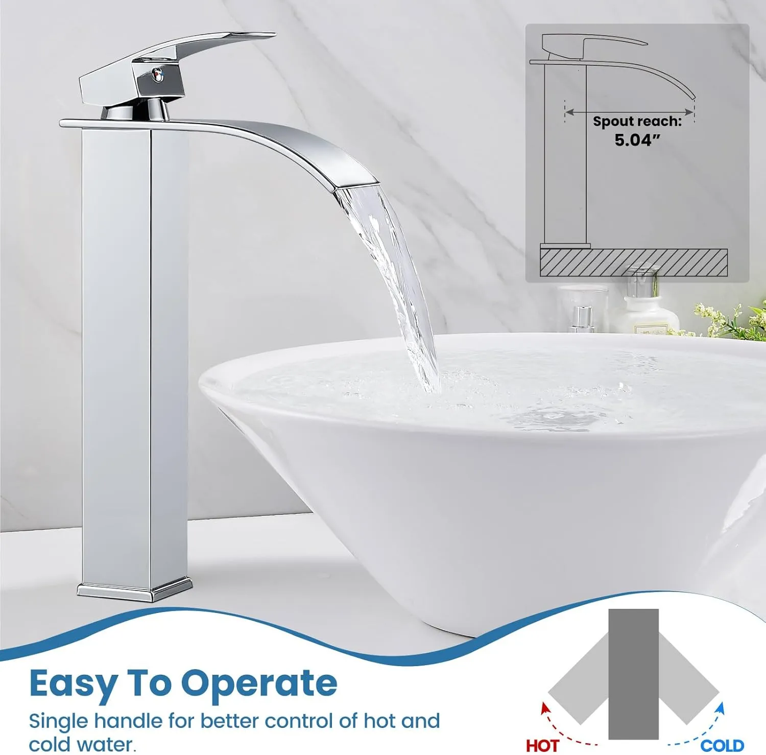 Airuida Tall Bathroom Vessel Faucet Chrome Polish Waterfall Bathroom Single Handle Single Hole Deck Mount Bowl Mixer Tap with Large Waterfall Spout Bar Sink Faucet Lavatory Vanity