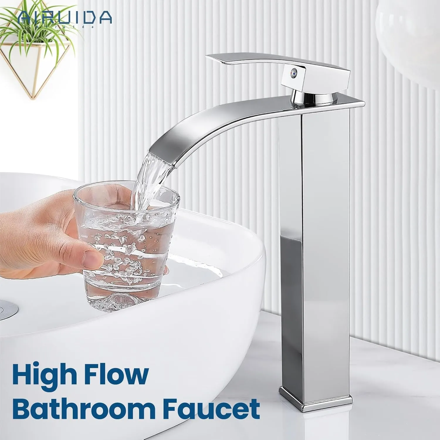 Airuida Tall Bathroom Vessel Faucet Chrome Polish Waterfall Bathroom Single Handle Single Hole Deck Mount Bowl Mixer Tap with Large Waterfall Spout Bar Sink Faucet Lavatory Vanity