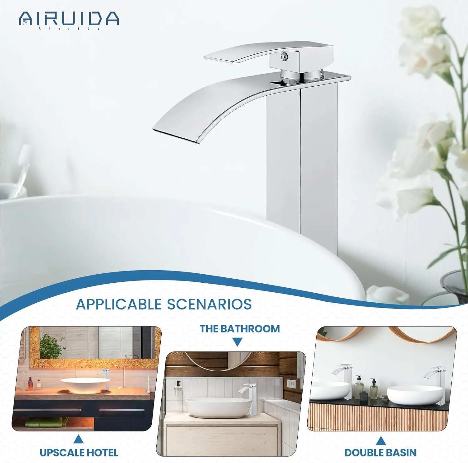 Airuida Tall Bathroom Vessel Faucet Chrome Polish Waterfall Bathroom Single Handle Single Hole Deck Mount Bowl Mixer Tap with Large Waterfall Spout Bar Sink Faucet Lavatory Vanity