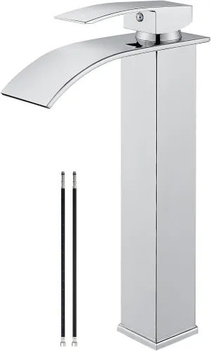 Airuida Tall Bathroom Vessel Faucet Chrome Polish Waterfall Bathroom Single Handle Single Hole Deck Mount Bowl Mixer Tap with Large Waterfall Spout Bar Sink Faucet Lavatory Vanity