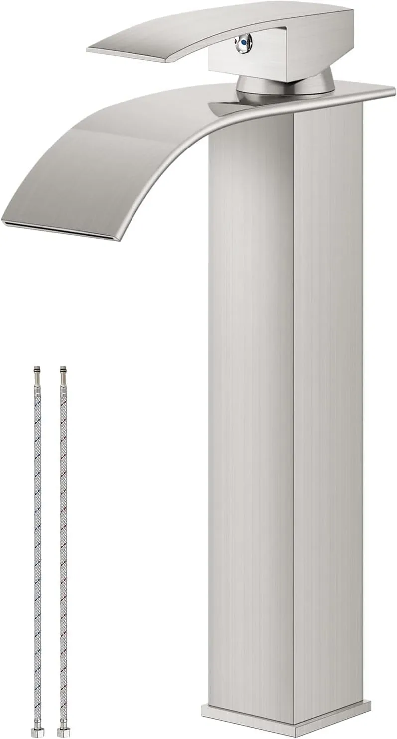 Airuida Vessel Sink Faucet Brushed Nickel, Tall Waterfall Bathroom Single Handle Single Hole, Deck Mount Mixer Tap with Large Rectangular Vessel Faucet Lavatory Vanity