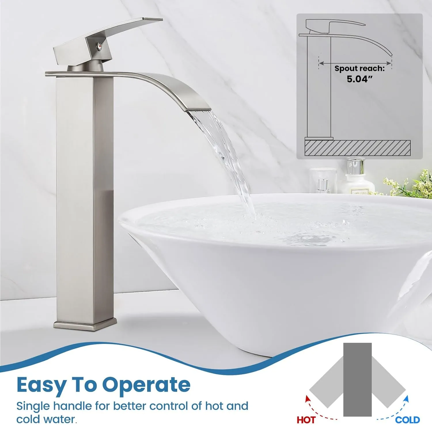 Airuida Vessel Sink Faucet Brushed Nickel, Tall Waterfall Bathroom Single Handle Single Hole, Deck Mount Mixer Tap with Large Rectangular Vessel Faucet Lavatory Vanity