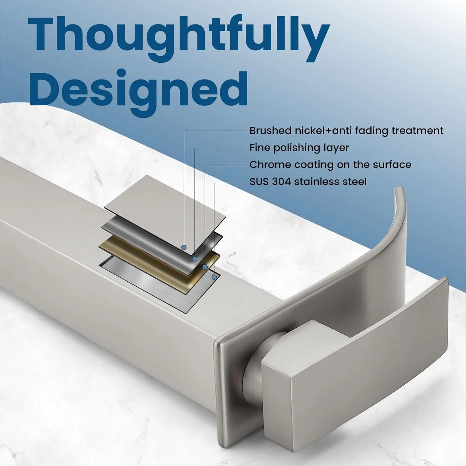 Airuida Vessel Sink Faucet Brushed Nickel, Tall Waterfall Bathroom Single Handle Single Hole, Deck Mount Mixer Tap with Large Rectangular Vessel Faucet Lavatory Vanity