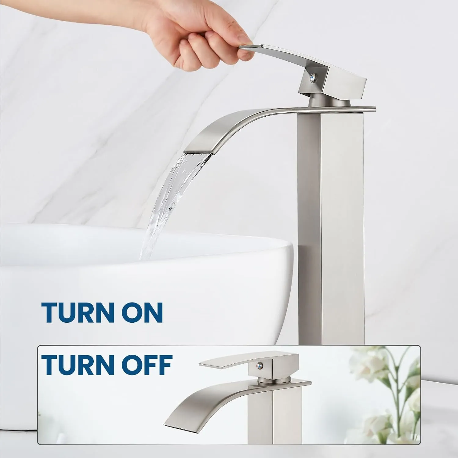 Airuida Vessel Sink Faucet Brushed Nickel, Tall Waterfall Bathroom Single Handle Single Hole, Deck Mount Mixer Tap with Large Rectangular Vessel Faucet Lavatory Vanity