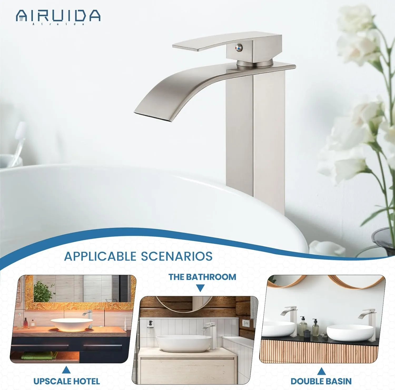 Airuida Vessel Sink Faucet Brushed Nickel, Tall Waterfall Bathroom Single Handle Single Hole, Deck Mount Mixer Tap with Large Rectangular Vessel Faucet Lavatory Vanity