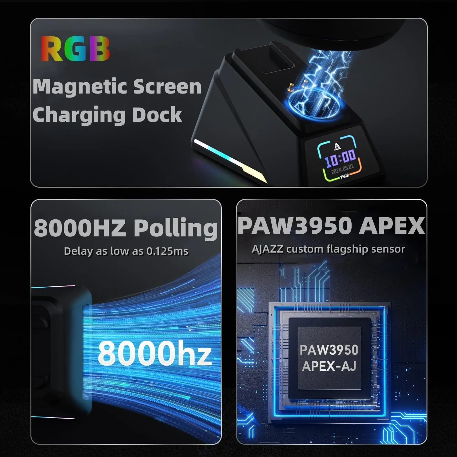 AJ159 8Khz Ultralight Gaming Mouse with RGB Magnetic Screen Charging Dock -30K dpi Optical Sensor - Huanuo 100 Million Click - Ice Sensation Coating Trip-Mode Mice