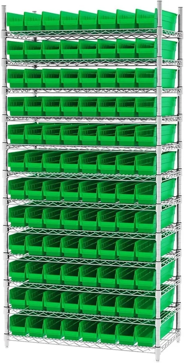 Akro-Mils 30128 Plastic Shelf Bins, Heavy Duty Storage Bins for Garage, Closet, and Drawer Organization, 18-Inch x 4-Inch x 4-Inch, Green, 12-Pack