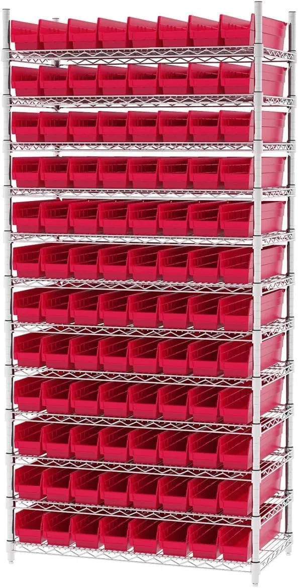 Akro-Mils 30128 Plastic Shelf Bins, Heavy Duty Storage Bins for Garage, Closet, and Drawer Organization, 18-Inch x 4-Inch x 4-Inch, Red, 12-Pack
