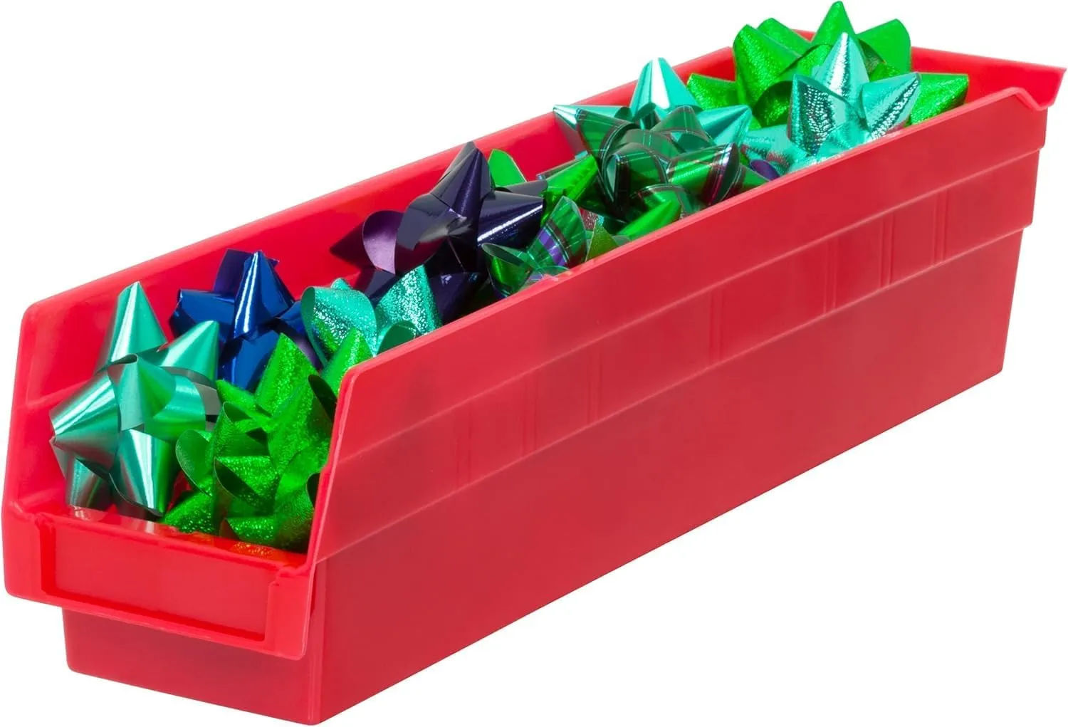 Akro-Mils 30128 Plastic Shelf Bins, Heavy Duty Storage Bins for Garage, Closet, and Drawer Organization, 18-Inch x 4-Inch x 4-Inch, Red, 12-Pack