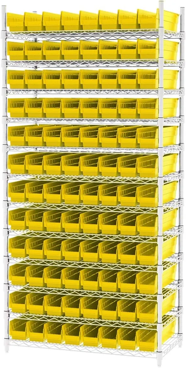Akro-Mils 30128 Plastic Shelf Bins, Heavy Duty Storage Bins for Garage, Closet, and Drawer Organization, 18-Inch x 4-Inch x 4-Inch, Yellow, 12-Pack
