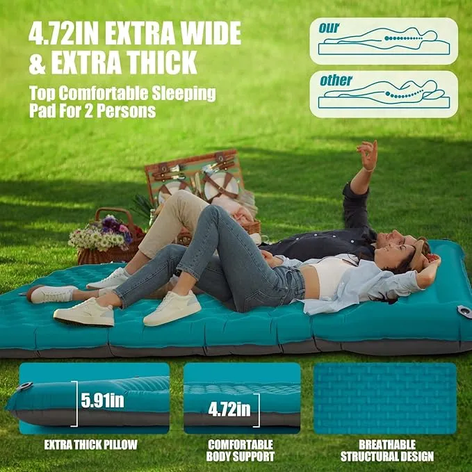 AKSOUL Sleeping Pad Camping Inflatable: Extra Thickness Double Persons Self Inflating Mat with Built-in Foot Pump, Lightweight Ultra-Wide Air Mattress with Pillow for Camping, Backpacking